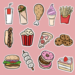 Fast food stickers illustrations set. Vector collection. Fast food cartoon icons. Hamburger, hot dog, pizza, taco, popcorn and other delicious food isolated on beige background. Perfect for menu.