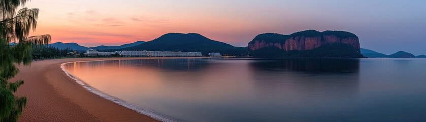 A stunning panoramic view of the beach at sunrise or sunset