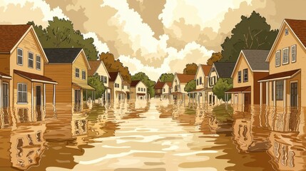 Suburban neighborhood impacted by flooding with water cove streets and partially submerging houses, showing natural disaster effects on residential area