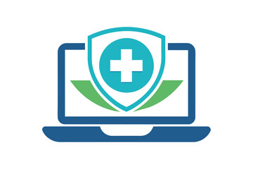 Fototapeta premium A laptop displays a shield with a medical cross at its center, illustrating the concept of online healthcare security and promoting wellness resources.