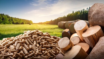 biofuel pellets with cut logs and briquettes in daytime
