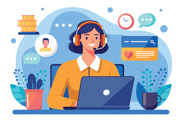 Fototapeta premium A focused woman in a yellow shirt and headset engages with clients from her laptop, surrounded by plants and digital communication icons, illustrating modern work dynamics.