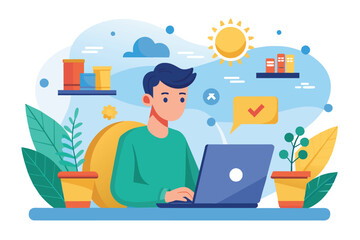 A person is focused on their laptop in a home office setting, surrounded by vibrant houseplants and colorful decorative items, enjoying the warm sunlight.
