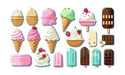 A modern flat vector illustration set of assorted ice creams, easily editable.