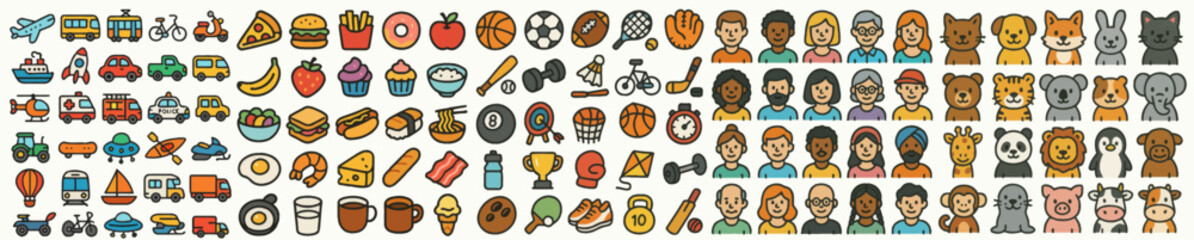 Colorful cartoon vector icon set – transport, food, sport, people, and animals