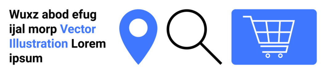 Location pin, search magnifier, and shopping cart icons in minimal design. Ideal for navigation, search feature, e-commerce, logistics, marketing, delivery systems simple landing page