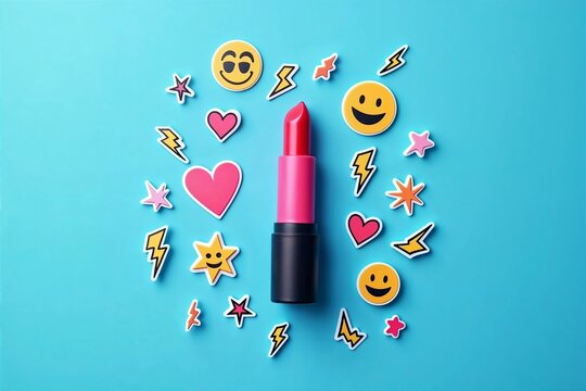 Playful flat lay of bold pink lipstick surrounded by emoji stickers on blue background, Gen Z cosmetic branding concept for social media marketing, youth beauty trends, fun editorial content