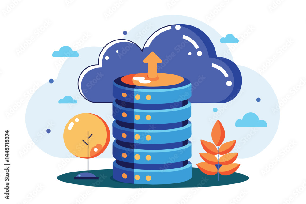 Poster a visual representation of cloud storage, showcasing stacked data disks with an upload arrow, set ag