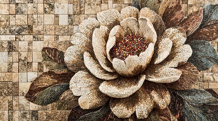 close-up of a mosaic stone wall with intricately arranged colored pebbles forming a floral or abstract pattern. The artistry highlights handcrafted detail and vibrant hues. Mosaic stone wall, 