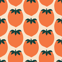 Persimmons hand drawn vector illustration. Ripe fruit in flat style seamless pattern for kitchen fabric or wallpaper.