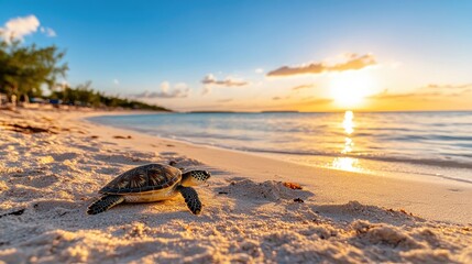 Baby sea turtle on a beach at sunset