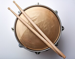 old snare drum with drumsticks top view isolated on white