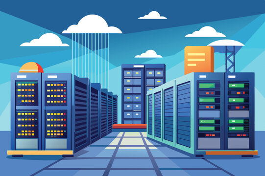 Rows of colorful servers stand in a modern data center illuminated by overhead lights, with a bright blue sky and clouds adding to the digital ambience.