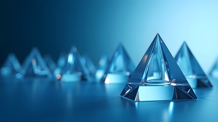 A row of sleek glass pyramids reflects a calming blue light, creating a serene and modern atmosphere.