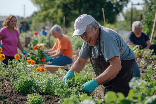 A heartwarming and empowering image of older adults actively participating in a community garden.