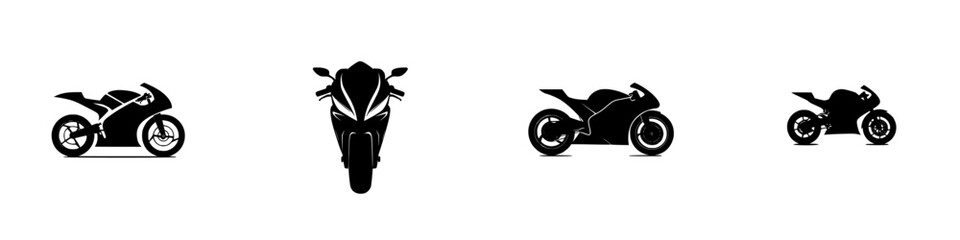 Obraz premium Stylized vector illustration of various motorcycle silhouettes in black and white showing different angles and designs