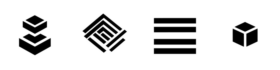 Vector illustration of geometric black and white icons depicting various shapes and patterns suitable for design and branding purposes