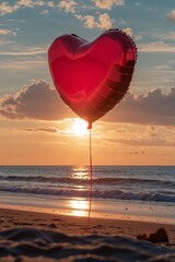 Fototapeta premium Dramatic red heart balloon floating above a sandy beach at sunset with a colorful sky and gentle waves. 