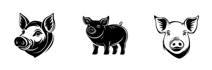 Obraz premium Vector illustration icons of pig heads and a full body pig in black and white design