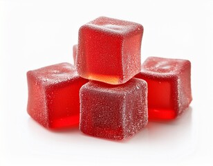 isolated photo of red gummy candy cubes on a white background