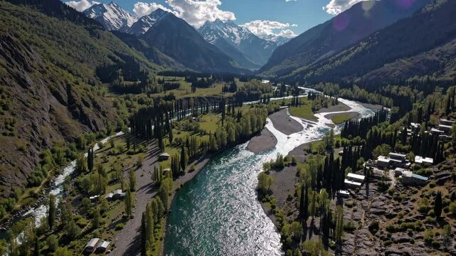 Beautiful valley Pahalgam in Kashmir, india, landscape with trees and river. Aerial view of drone