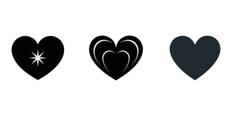 A set of three heart icons, whole, broken and healed silhouette black vector art illustration, Set of love hearts with black colour silhouette & Love shape vector illustration. Hearts elements icon.