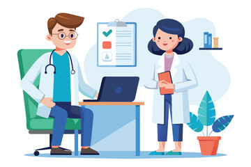 A male doctor and a female healthcare worker converse in a bright clinic, with a laptop and patient chart on the desk, surrounded by plants.