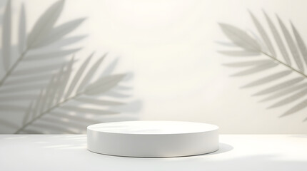 Minimalist design featuring a white circular platform with soft shadow patterns from palm leaves.