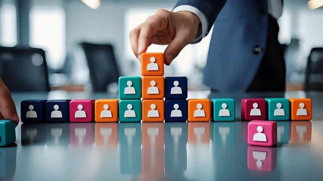 Businessman arranging colorful employee icons on wooden cubes into a pyramid formation on a modern office table surface

