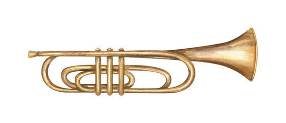 Obraz premium Watercolor musical classical brass trumpet illustration isolated background. Hand painted vintage instrument. Side view. For jazz themed branding, or cultural event promotion, concert poster