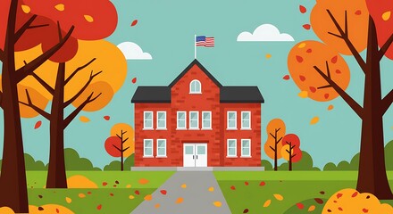 Fototapeta premium Autumnal Schoolhouse Scene: Papercut Style Illustration of Red Brick Building with American Flag amidst Fall Foliage, Leaf-Strewn Path & Bright Sky, Evoking Education and Nostalgia Feeling