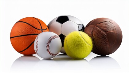 a white background isolates four sports balls a soccer ball basketball baseball and a golf ball