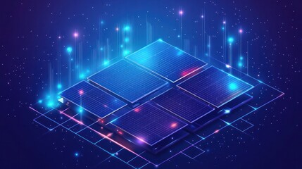 Futuristic and dynamic of a glowing solar power grid with a radiant energy field showcasing the innovation and advanced technology in renewable green energy solutions