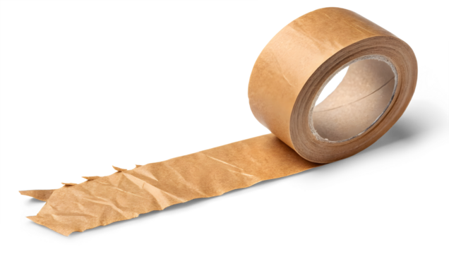 A close-up photograph of a strip of brown packing tape. The tape should have a slightly wrinkled and creased texture, showing signs of being handled or applied