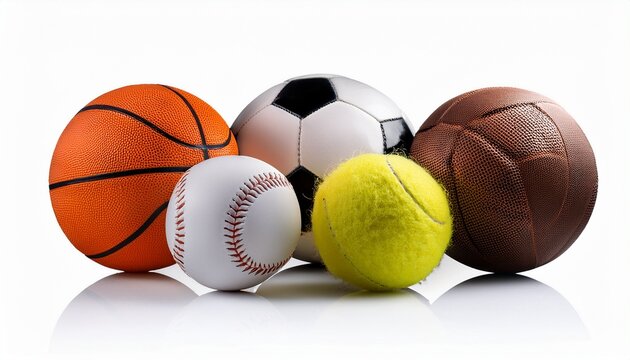 a white background isolates four sports balls a soccer ball basketball baseball and a golf ball
