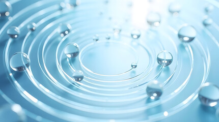 Close-up of shiny water droplets creating ripples on a calm blue surface, evoking tranquility and clarity.