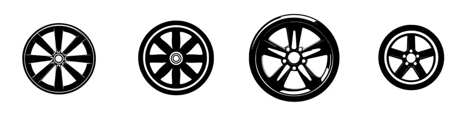 Obraz premium Vector illustration of four different styles of wheels in black and white design for automotive and graphic design applications