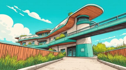 Modern house with a path leading to the entrance, set in a futuristic cityscape inspired by 60s atomic-age architecture, featuring sleek design lines and digital elegance.