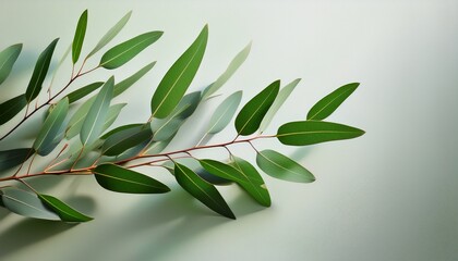 green eucalyptus branch with long slender leaves against a plain background