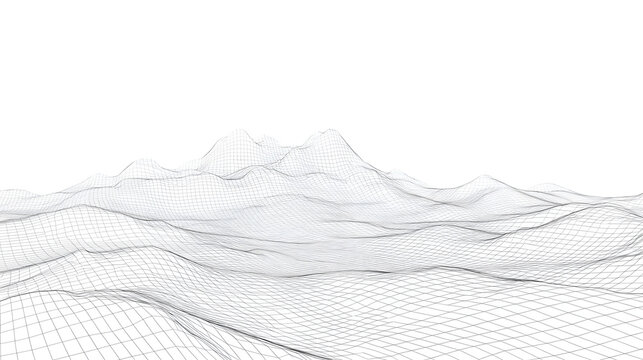 Abstract Wireframe Landscape Grid Lines White Background