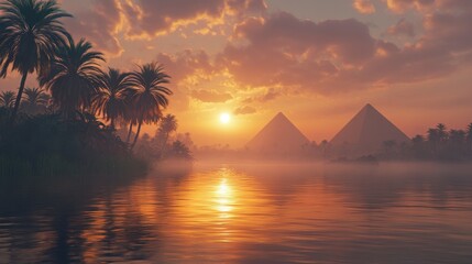 Ultra-detailed 8K cinematic sunrise over Ancient Egypt, Nile calm waters reflecting amber light, lush green palms, distant pyramids under a misty magical dawn