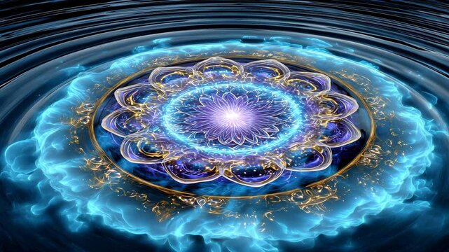 Sacred geometry mandala with glowing sacred geometry ripples and sacred geometry energy vibration ,sacred geometry meditation, energy mandala art