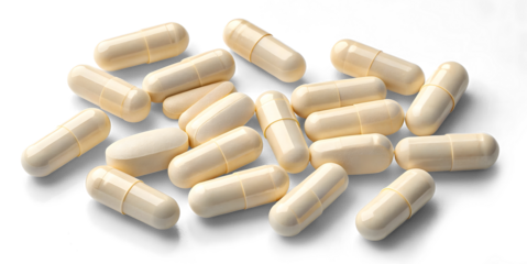 A photograph of numerous light beige or off-white capsule pills scattered randomly against a plain white background
