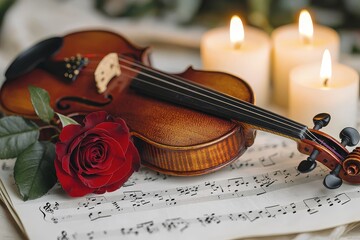 Fototapeta premium Violin resting on sheet music with a red rose, tall candles burning nearby, casting a gentle glow, creating a passionate romantic atmosphere.