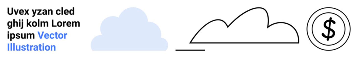 Blue cloud shape and simple outlined cloud with a dollar coin icon. Ideal for finance, cloud computing, technology, digital services, banking, economy, simple landing page