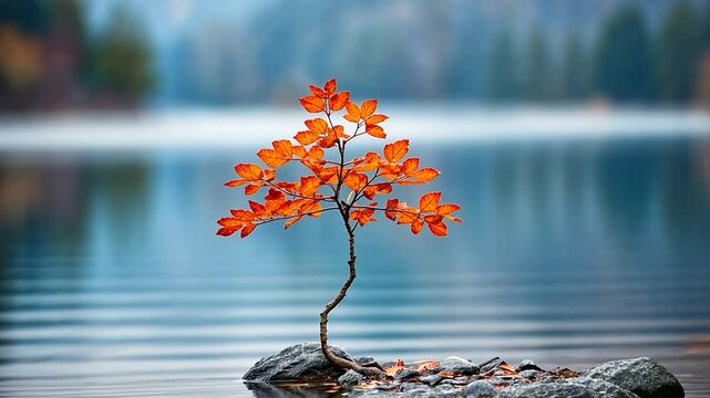 Autumn tree stands in serene water