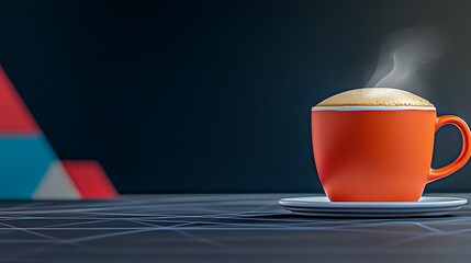 Vibrant orange coffee cup with steam on a modern geometric table against a dark background
