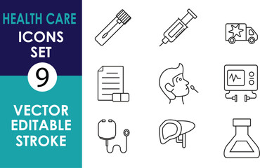 This image displays 9 healthcare vector icons including a test tube, syringe, ambulance, document, swab test, monitor, IV bag, liver, and lab flask