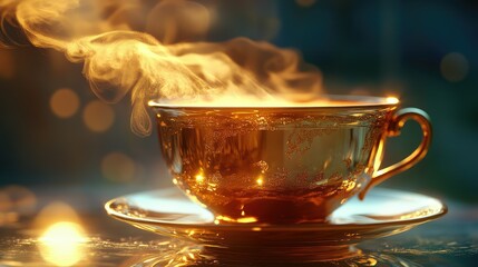 Golden teacup steaming with hot beverage