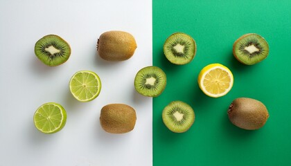 creative layout made of green kiwi on the green and white background flat lay food concept lemon on white background